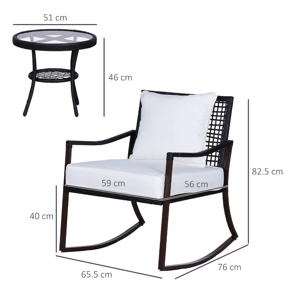 image 1 of Outsunny Rattan Bistro Set, 3 Pieces Wicker Garden Furniture Set with Rocking Chairs and Round Glass Top Coffee Table, Small Balcony Furniture with Cushions for Outdoor, Porch, Brown