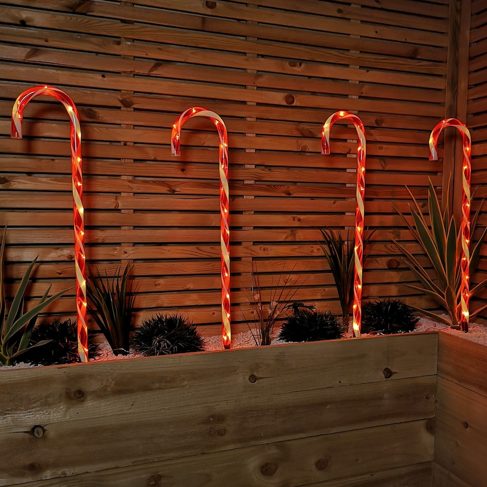 image 1 of Set of 4 Large Light up Red & White Stripe Christmas Candy Cane Garden Stakes with LEDs