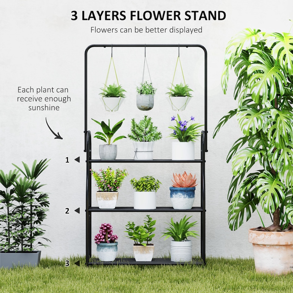 image 1 of Outsunny 3 Tier Plant Stand Hanging Hooks for Balcony Living Room, Black | Black | Black