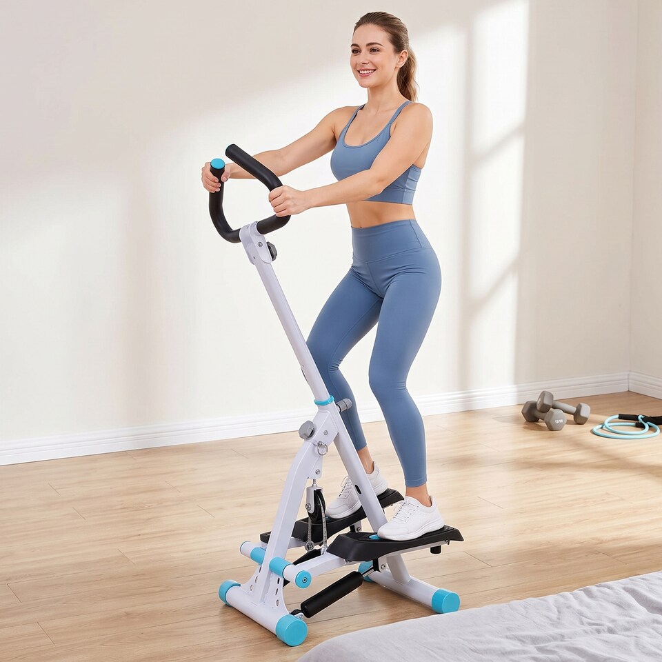image 1 of HOMCOM Foldable Stepper Adjustable Step Machine w/ Handlebar LCD Display, White | White | White