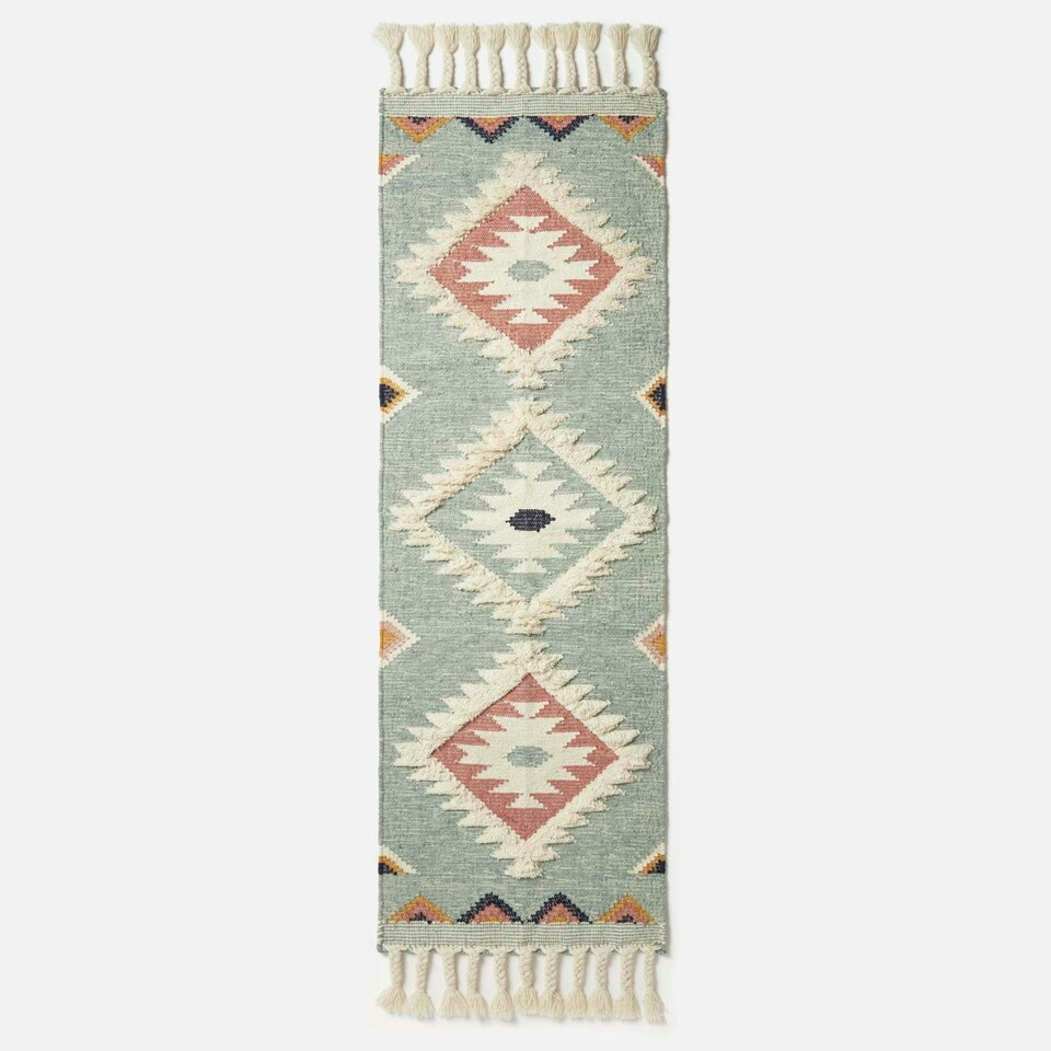 image 1 of Homescapes Tenali Blue Kilim Runner Wool Rug - 66 x 200 cm
