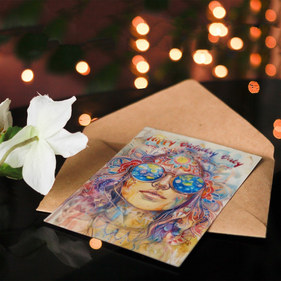 image 1 of Hippy Birthday Hippie Woman Mandala Watercolour Birthday Card