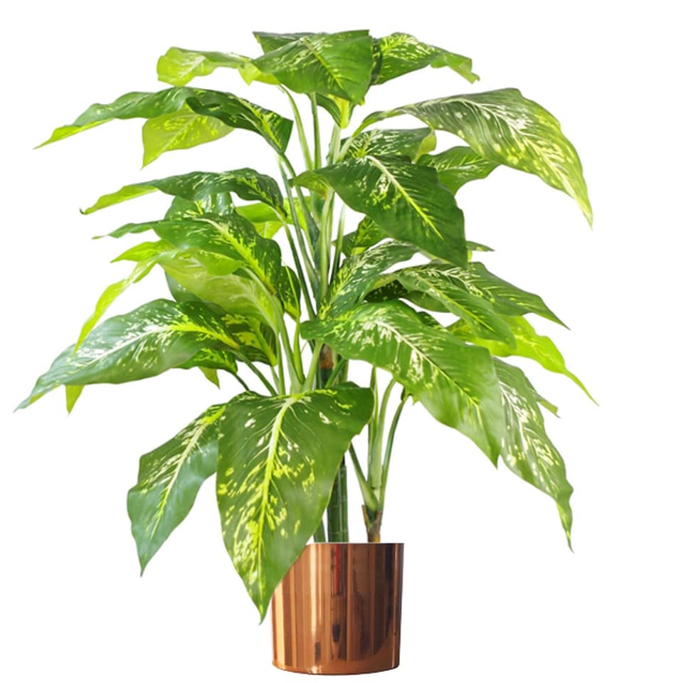 image 1 of Artificial Tree Plant Fox Aglaonema Plant Copper Metal Planter | Green | 3ft