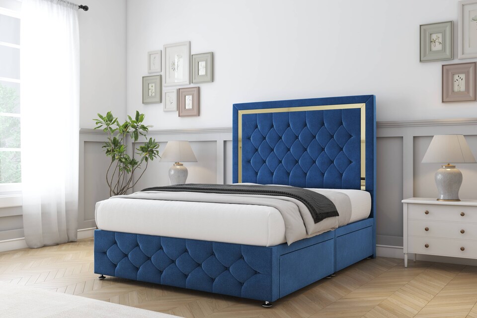 image 1 of Sloomy Sofia Gold Navy Plush Divan Bed With Mattress No Drawers With 54" Floor Standing Headboard & 12" Matching Footboard 4' Small Double | Blue | Navy | Small Double | 1