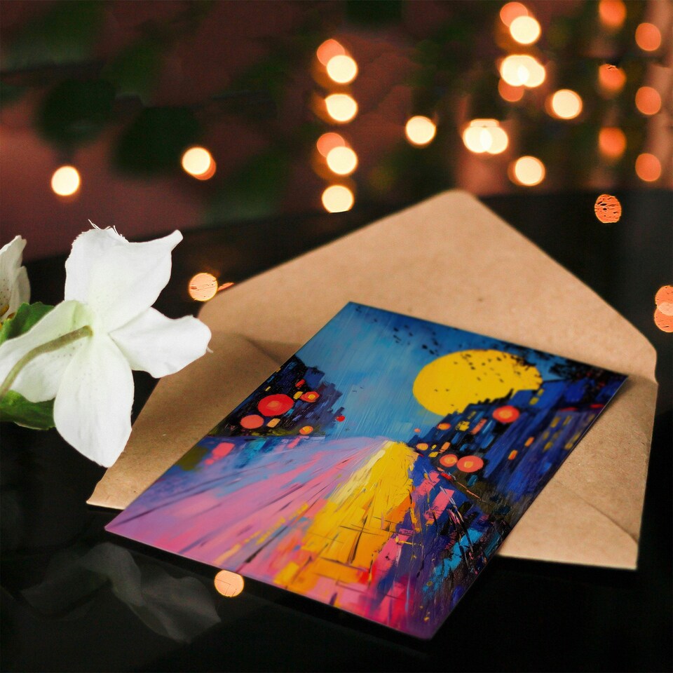 image 1 of Full Moon Night City Street Colourful Abstract Birthday Greeting Card
