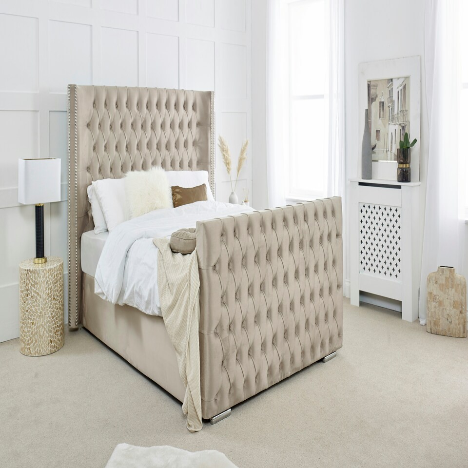 image 1 of Meila Plush Double Bed Frame - Beige