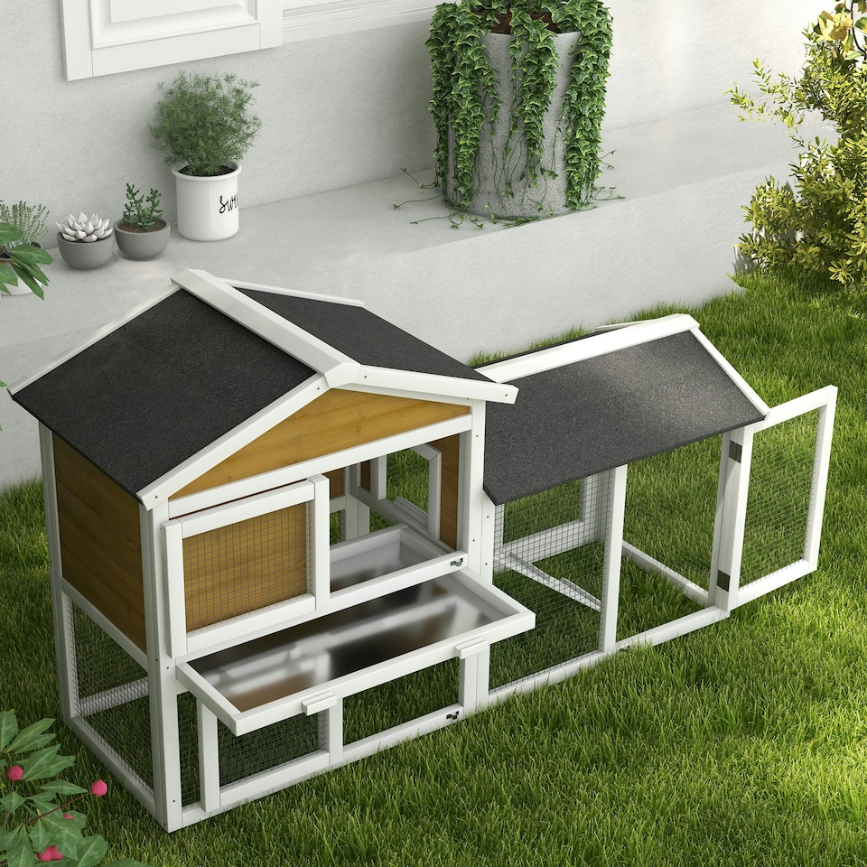 image 1 of PawHut Rabbit Hutch, Guinea Pig Hutch Outdoor Double Tier w/ Ramp, Yellow