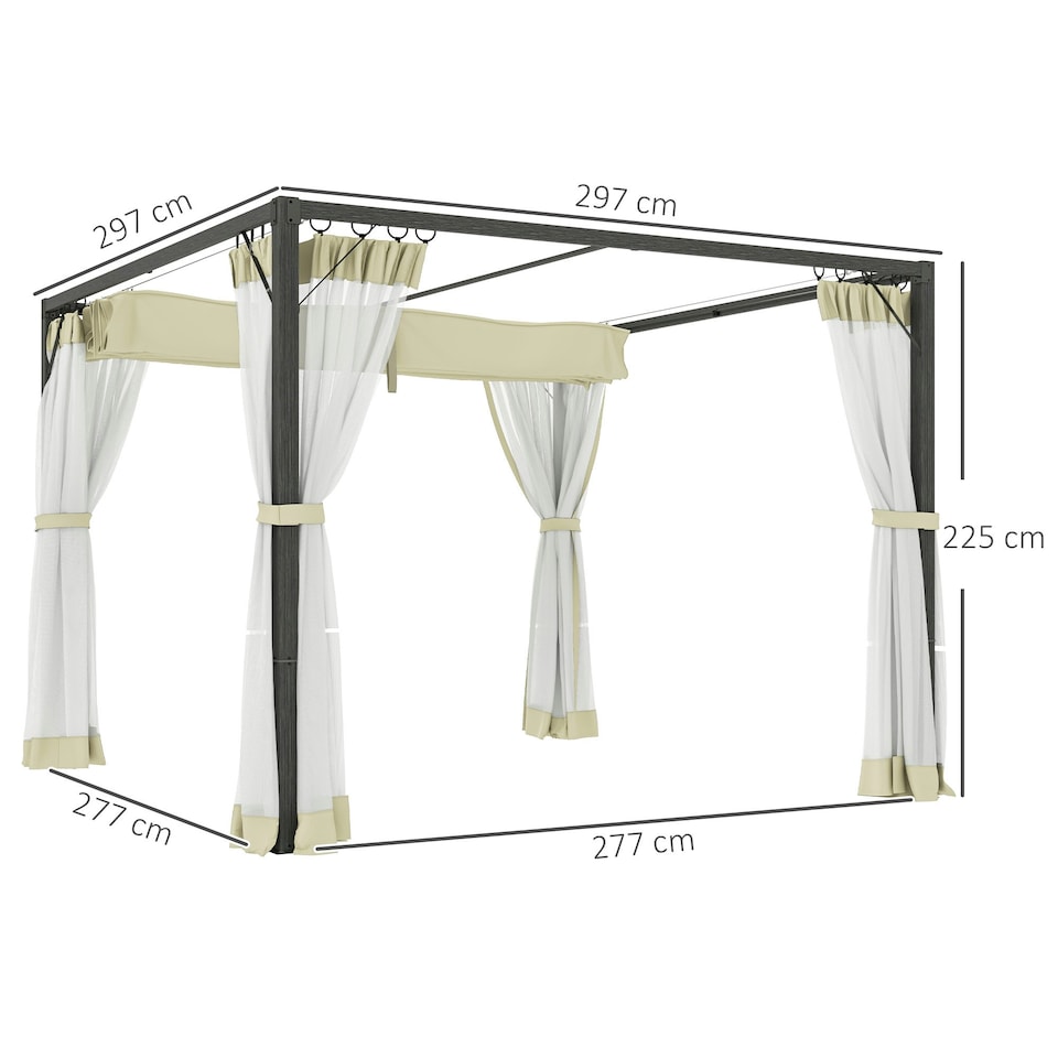 image 1 of Outsunny 3 x 3 m Pergola with Retractable Roof and Netting, Khaki