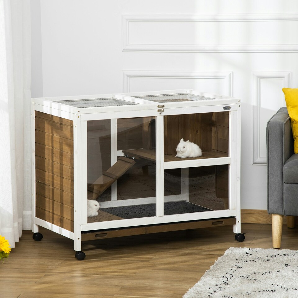 image 1 of PawHut Wood Rabbit Hutch Bunny Cage Pet House Indoor W/ Tray Ramp, Brown
