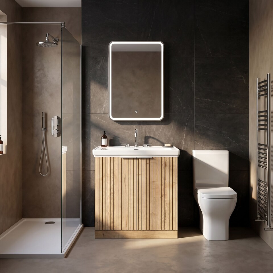 image 1 of Balterley Callingwood Contemporary Floor Standing 2 Door Vanity Unit with Traditional 3 Tap Hole Fireclay Basin , 800mm, Autumn Oak