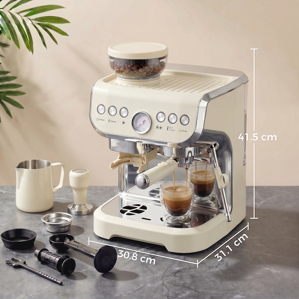 image 1 of HOMCOM Espresso Machine, Bean Grinder & Steam Wand, 15 Bar Pressure
