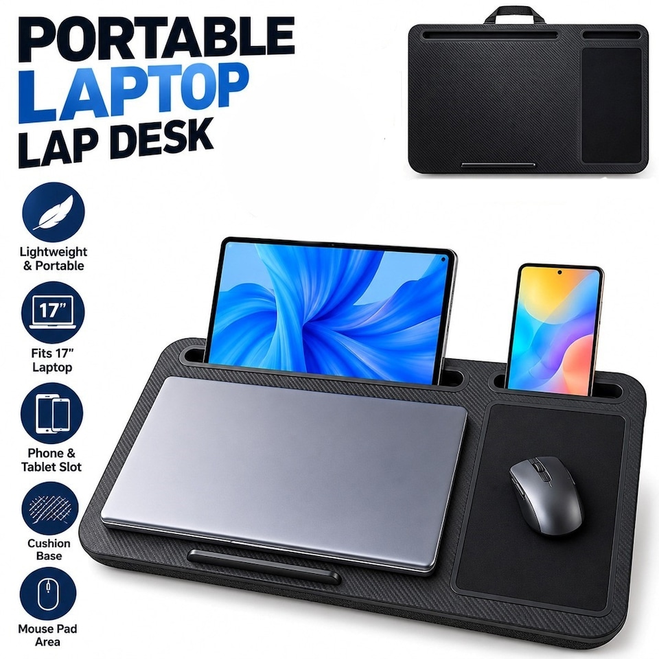 image 1 of Lap Desk Laptop Tray with Cushion Portable Notebook Tablet Computer Table Stand Mouse Pad, Phone Slot, Wrist Rest, For Sofa & Bed