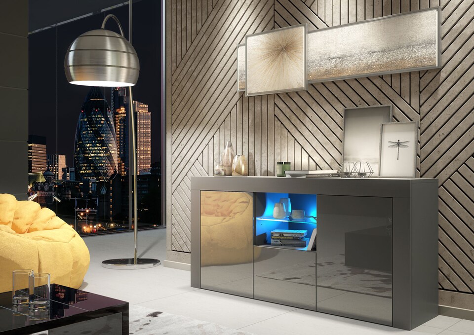 image 1 of TV Unit TV Stand Sideboard Media Cabinet Storage Cabinet Grey High Gloss LED 145cm