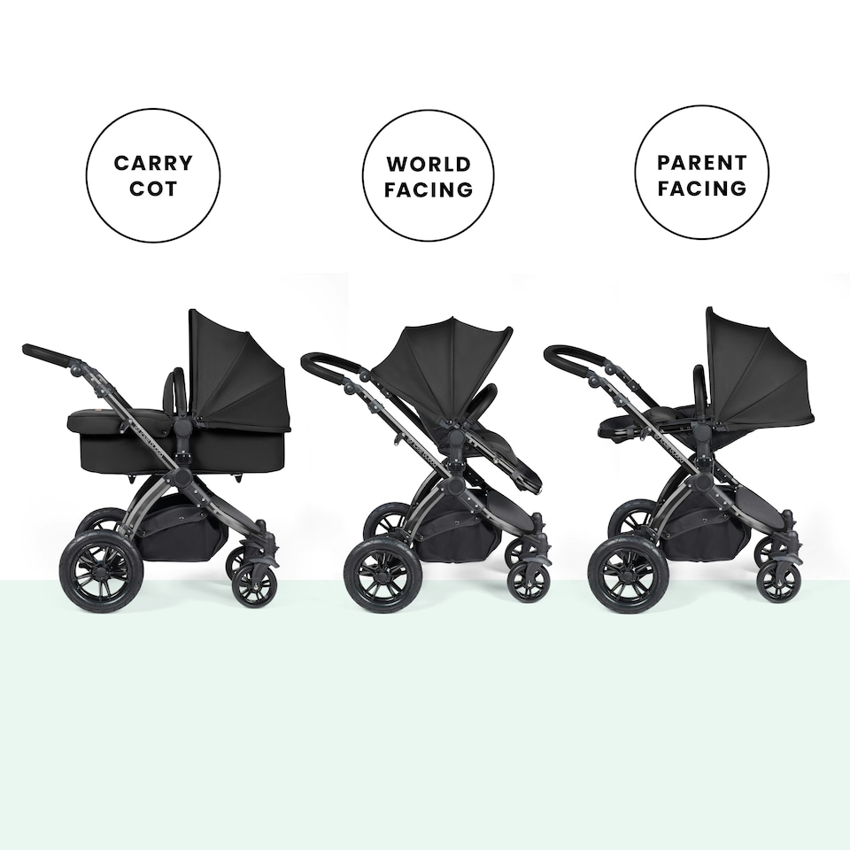 image 1 of Stomp Luxe 2-in-1 Pram – Birth to Approx. 4 Years, Foldable, All-Terrain, Rain Cover, Footmuff, Puncture-Proof Wheels & More (Black/Midnight/Black)