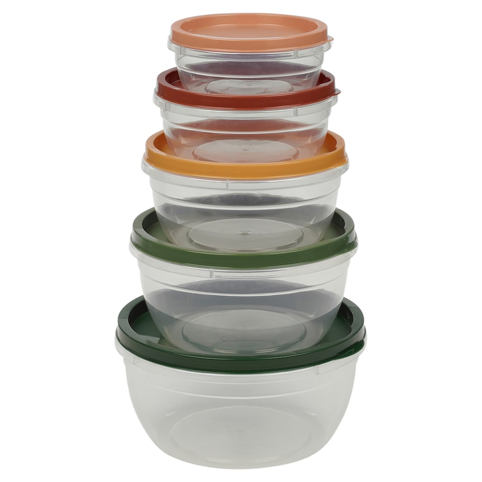 image 1 of 5Pcs Plastic Food Storage Containers & Airtight Lids Microwave Freezer Safe Sets | Multi | Multicoloured | 3x Round Sets