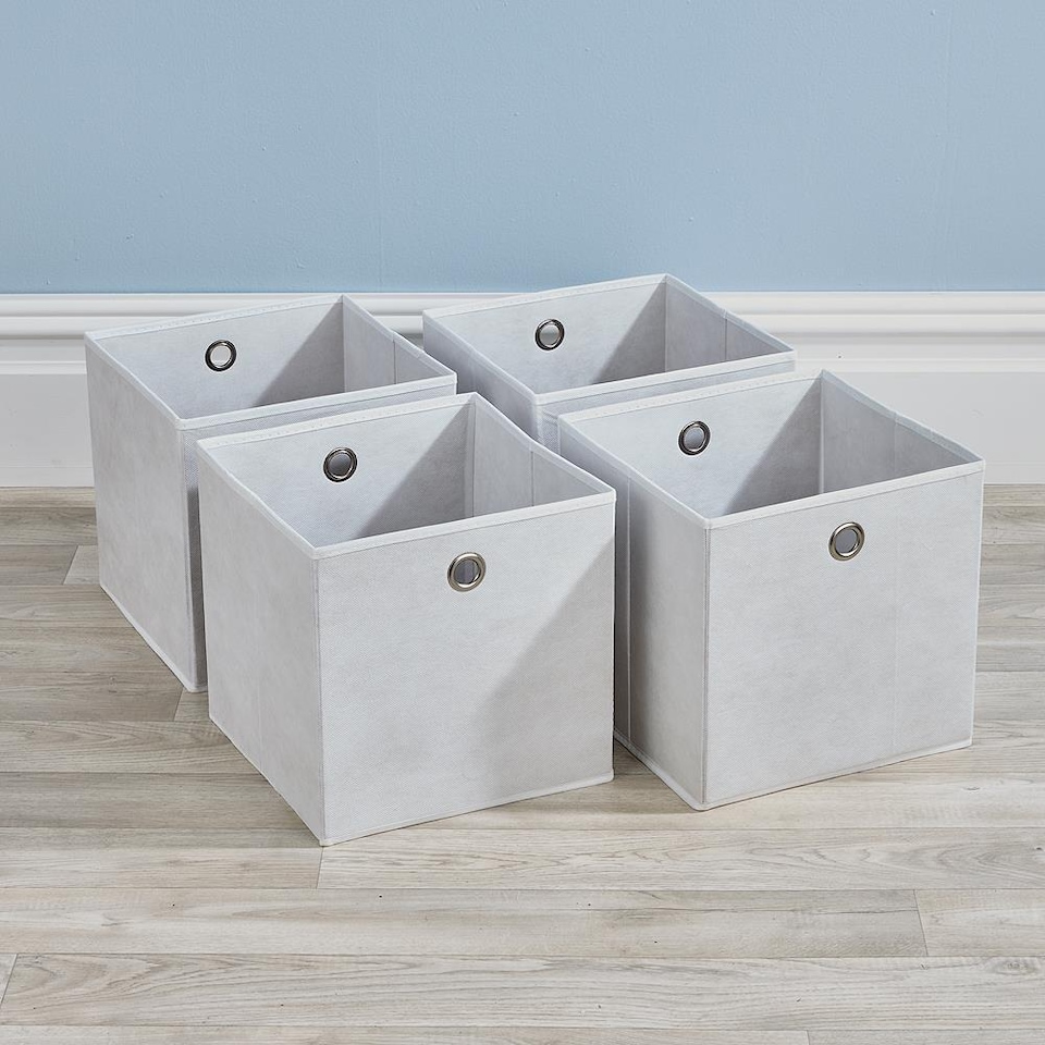 image 1 of Foldable Canvas Storage Folding Box Fabric Cube Cloth Bag 4 Piece Set | Cream