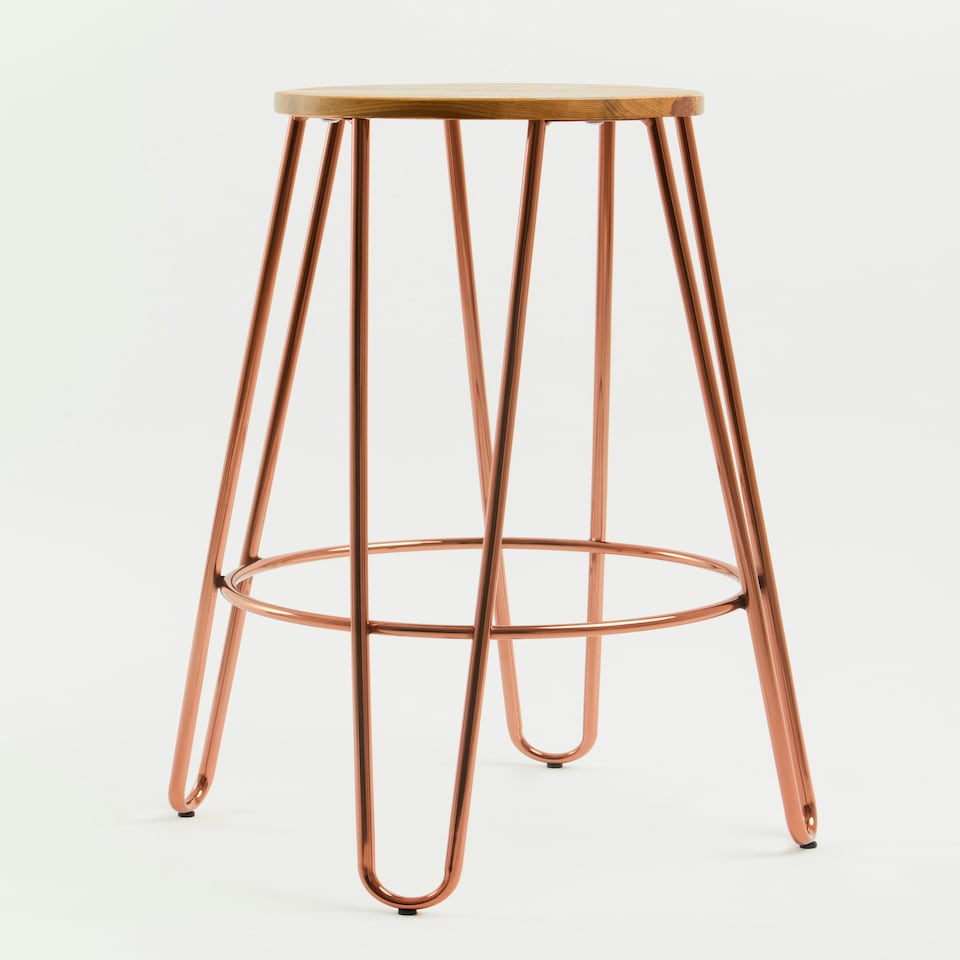 image 1 of Interiors by Premier Rose Gold Metal and Elm Wood Round Bar Stool, Hairpin Stool, Sturdy Stool for Bar, Kitchen Counter