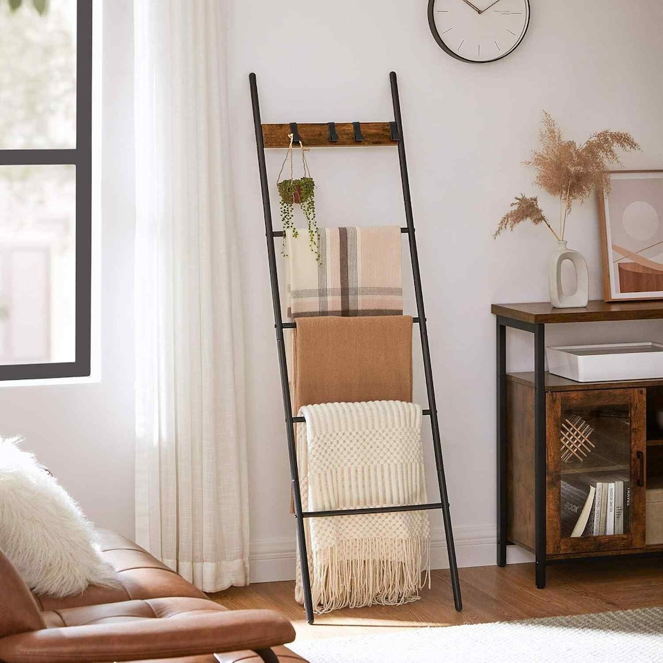 image 1 of Leaning Ladder Shelf with Towel Rack, 5-Tier Display Stand and Hooks, Space-Saving Storage, Rustic Brown and Black