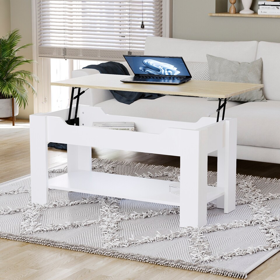 image 1 of Vida Designs Lift Up Coffee Table With Storage Compartment & Shelf, White & Oak