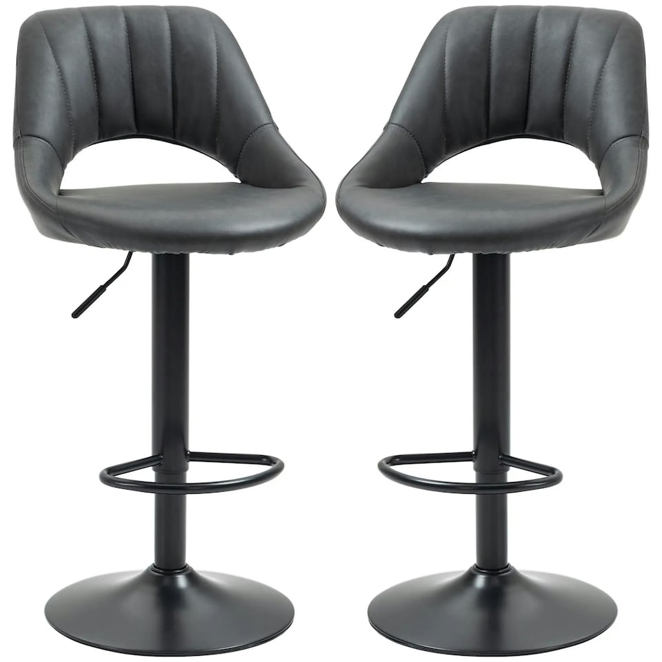 image 1 of 2PC Height Adjustable 360 PU Leather Swivel Barstools Set Black | Black