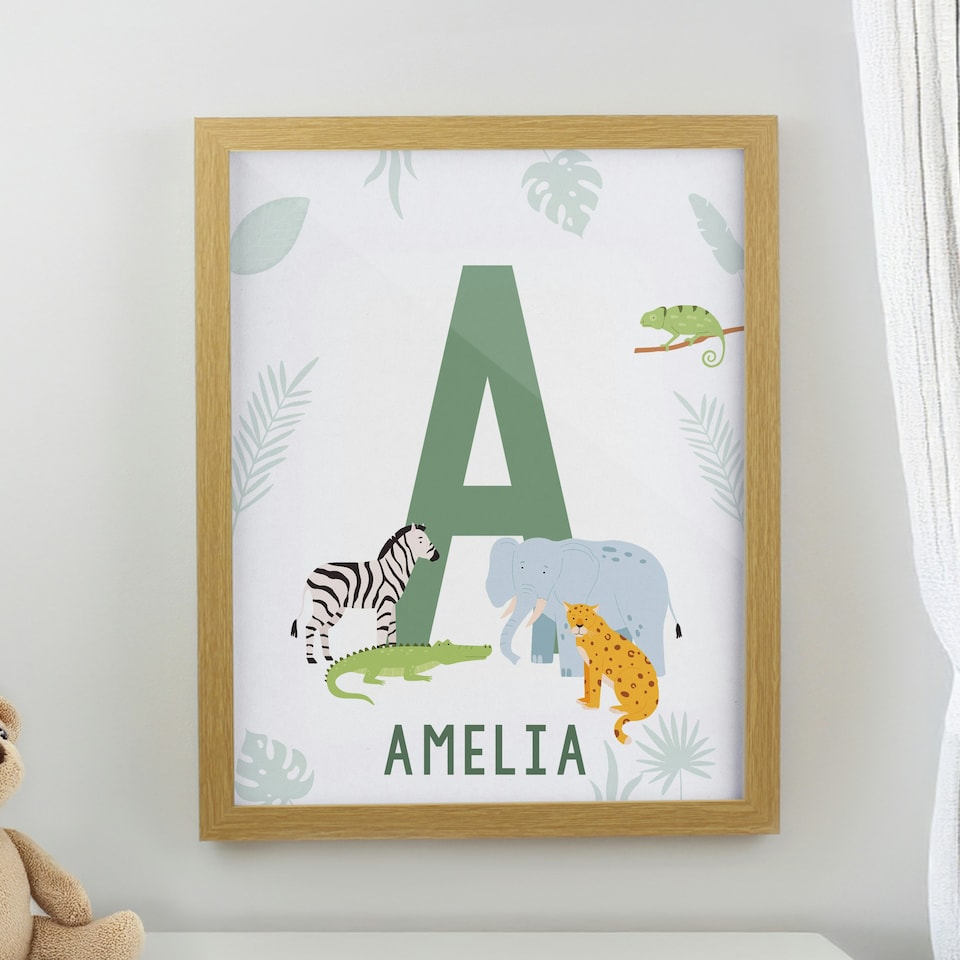 image 1 of Personalised Animal Initial Oak Poster Frame | Brown | One Size