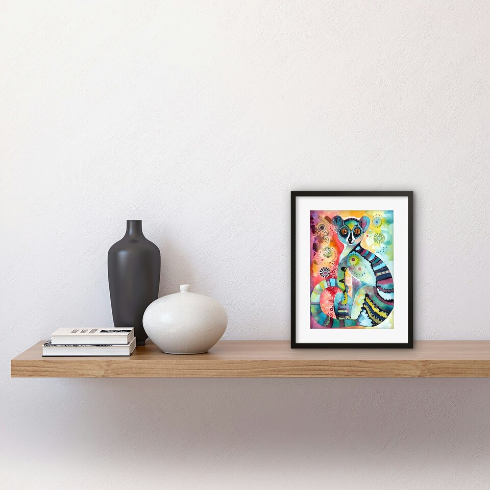 image 1 of Striped Ring-Tailed Lemur Folk Art 9x7" Black Framed Wall Art Print