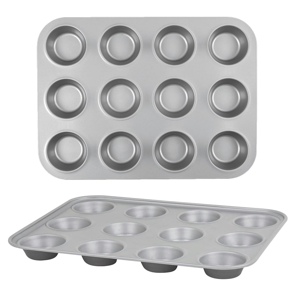 image 1 of 1 x 12 Cup Non-Stick Dishwasher & Oven Safe Cupcake/Muffin Baking Tray Silver