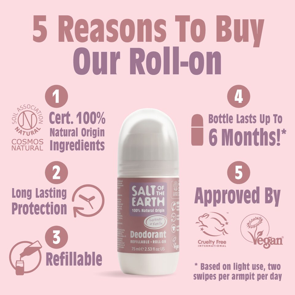 image 1 of Salt of the Earth Refillable Roll On Deodorant with Natural Ingredients Lavender & Vanilla Vegan Smart Refillable Format 75ml | Pink