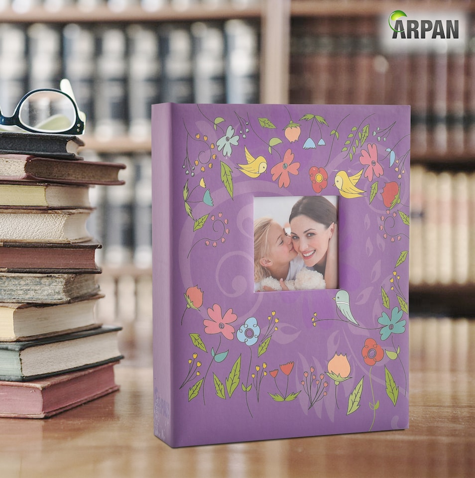 image 1 of ARPAN 6x4 Photo Album 200 Photos Slip In Picture Storage Book with Front Cover Window Plastic Jacket and CD/DVD Pocket | Purple | Purple Birds