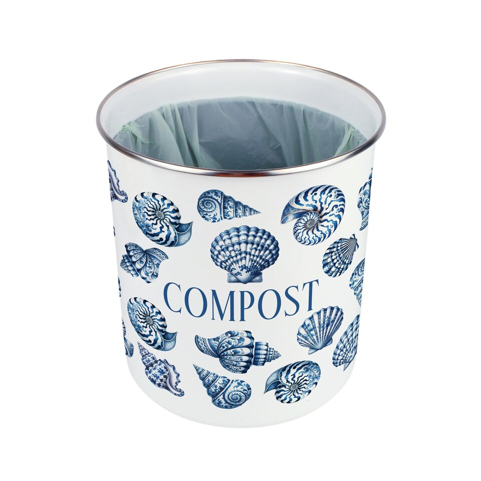 image 1 of Blue Seashells Compost Caddy - Enamel 2L Kitchen Food Waste Bin