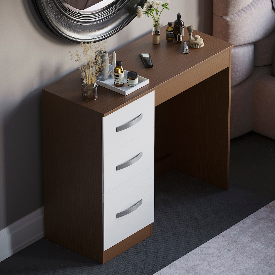 image 1 of Vida Designs Hulio 3 Drawer Dressing Table High Gloss Vanity Makeup Desk, Walnut & White