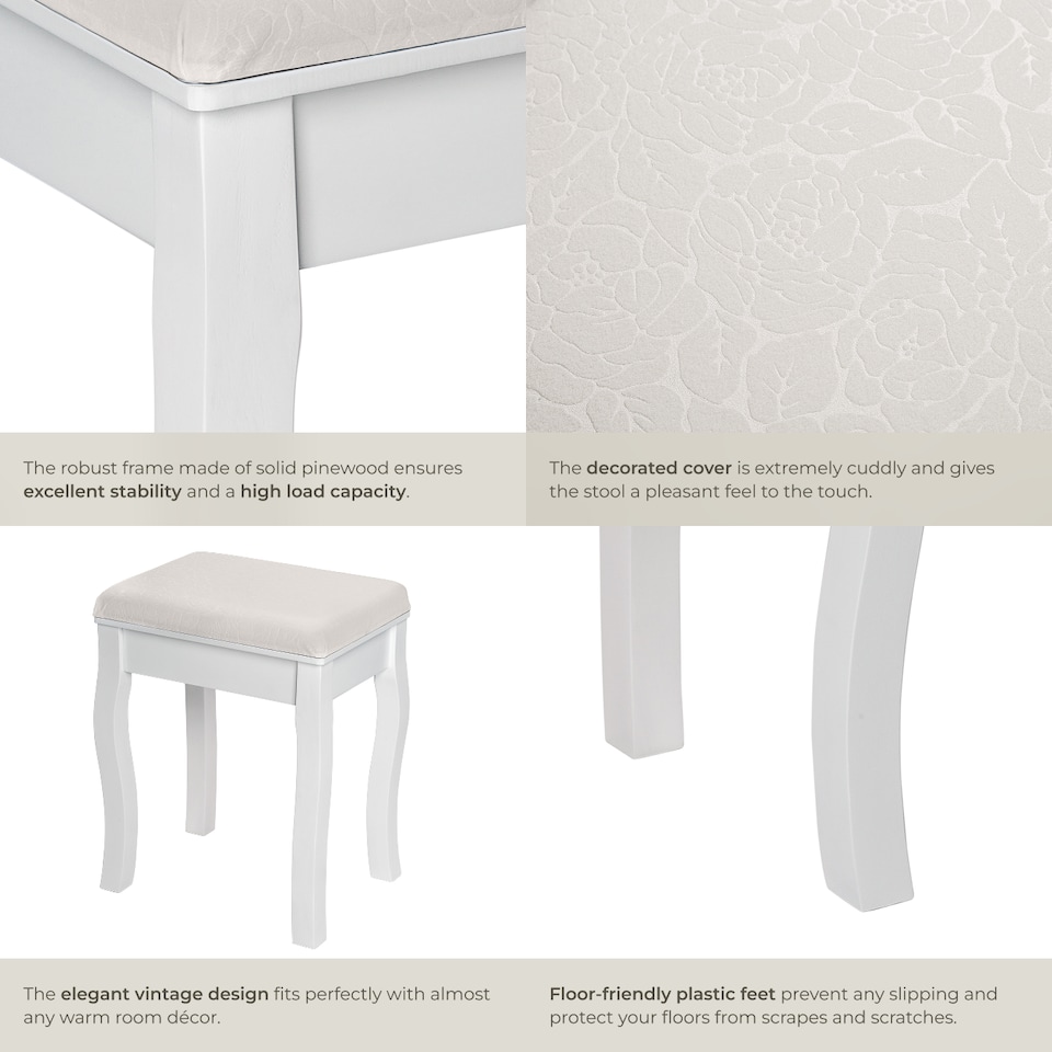 image 1 of Dressing Table Stool - padded, with solid wood legs, rose pattern