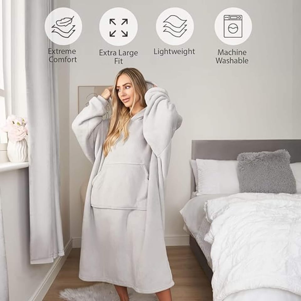 image 1 of Sienna Extra-Long Oversized Sherpa Fleece Hoodie Blanket Silver Grey
