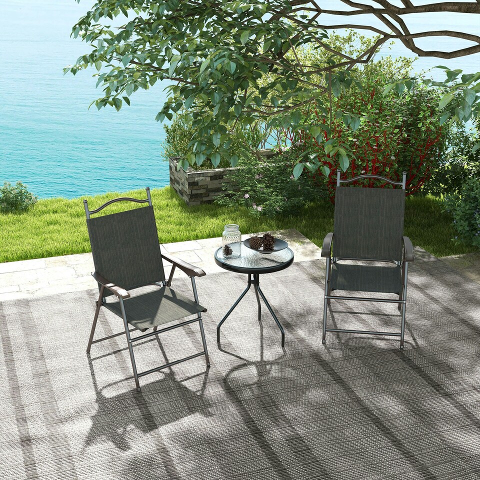 image 1 of Outsunny Folding Chairs Set, Breathable Mesh Fabric Seat, Dark Brown