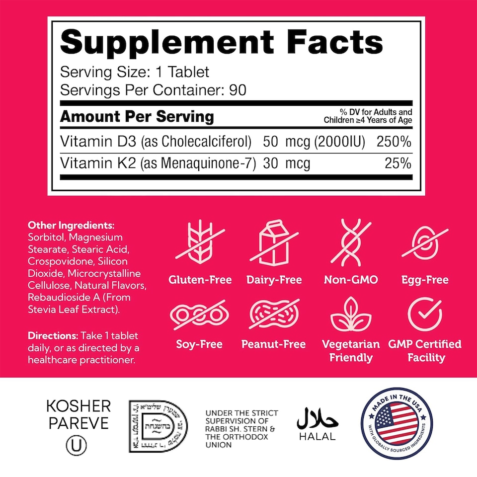image 1 of Junior Vitamin D3 + K2 Chewable Tablets for Kids, 90c