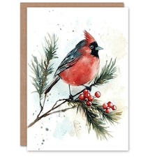 Cardinal Bird Pine Tree Holly Berry Blank For Him Or Her Art Xmas Festive Christmas Card