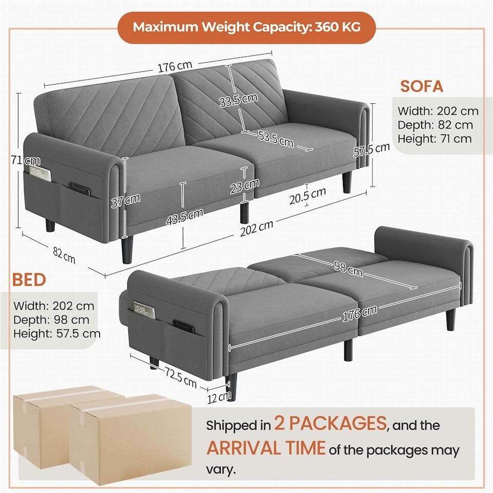 image 1 of Yaheetech Fabric 3-Seater Sofa Bed for Limited Space Grey | Dark Grey