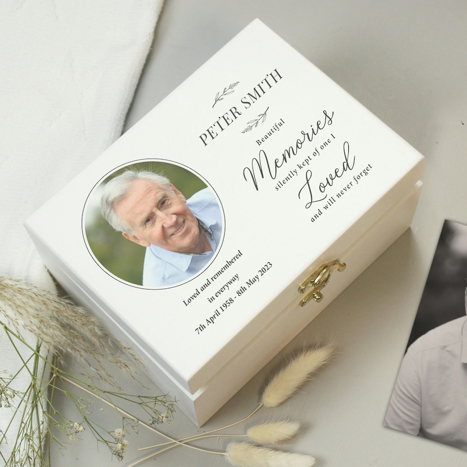 image 1 of Personalised Memorial Photo Upload White Wooden Box White