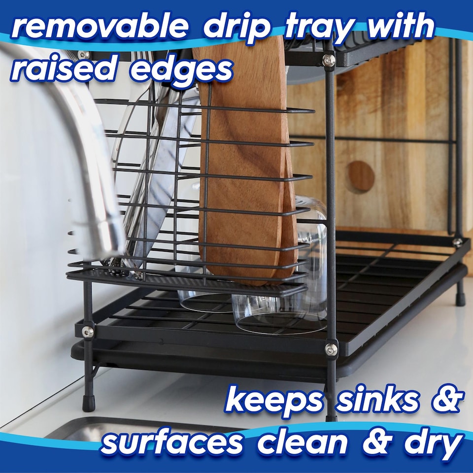 image 1 of Harbour Housewares Metal 2-Tier Dish Drainer Rack with Drip Tray - Black | Black | Black