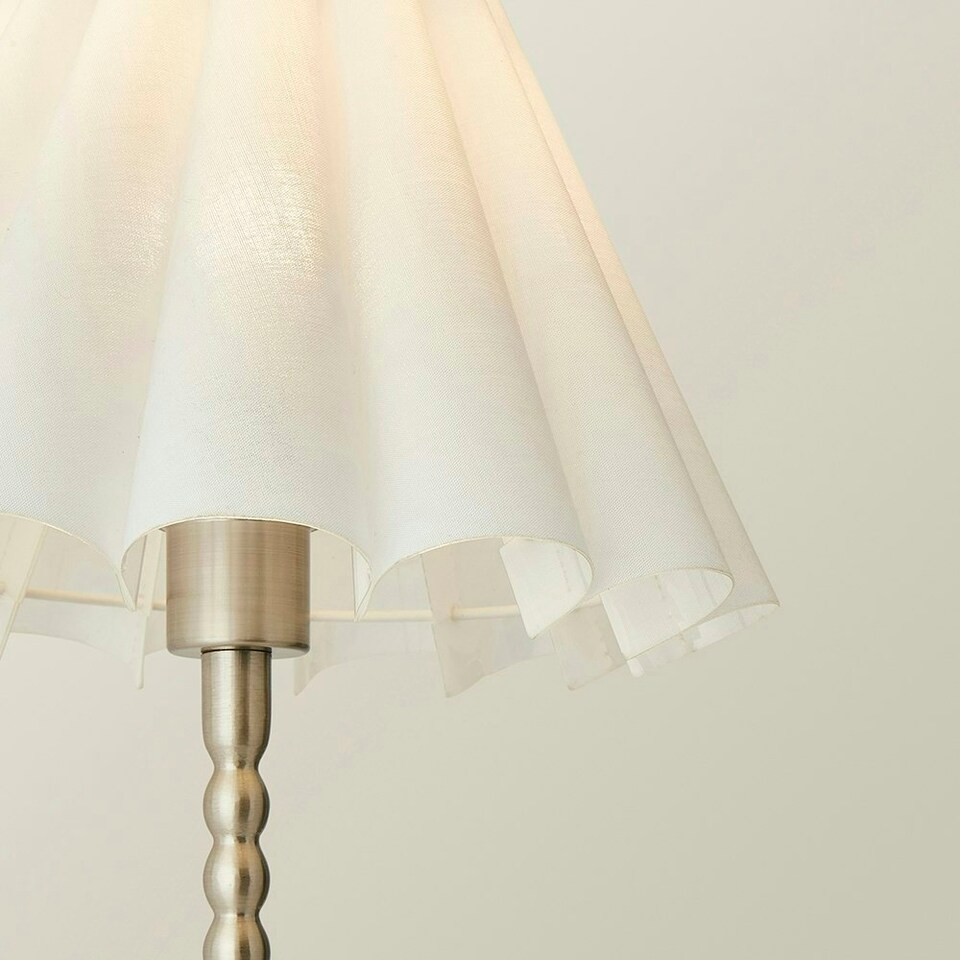 image 1 of ValueLights Maeve White Scallop Pleated Taper Shade Brushed Chrome Bobbin Bobbles Table Lamp Silver