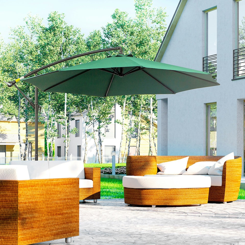image 1 of Outsunny 3(m) Garden Banana Parasol Cantilever Umbrella, Dark Green