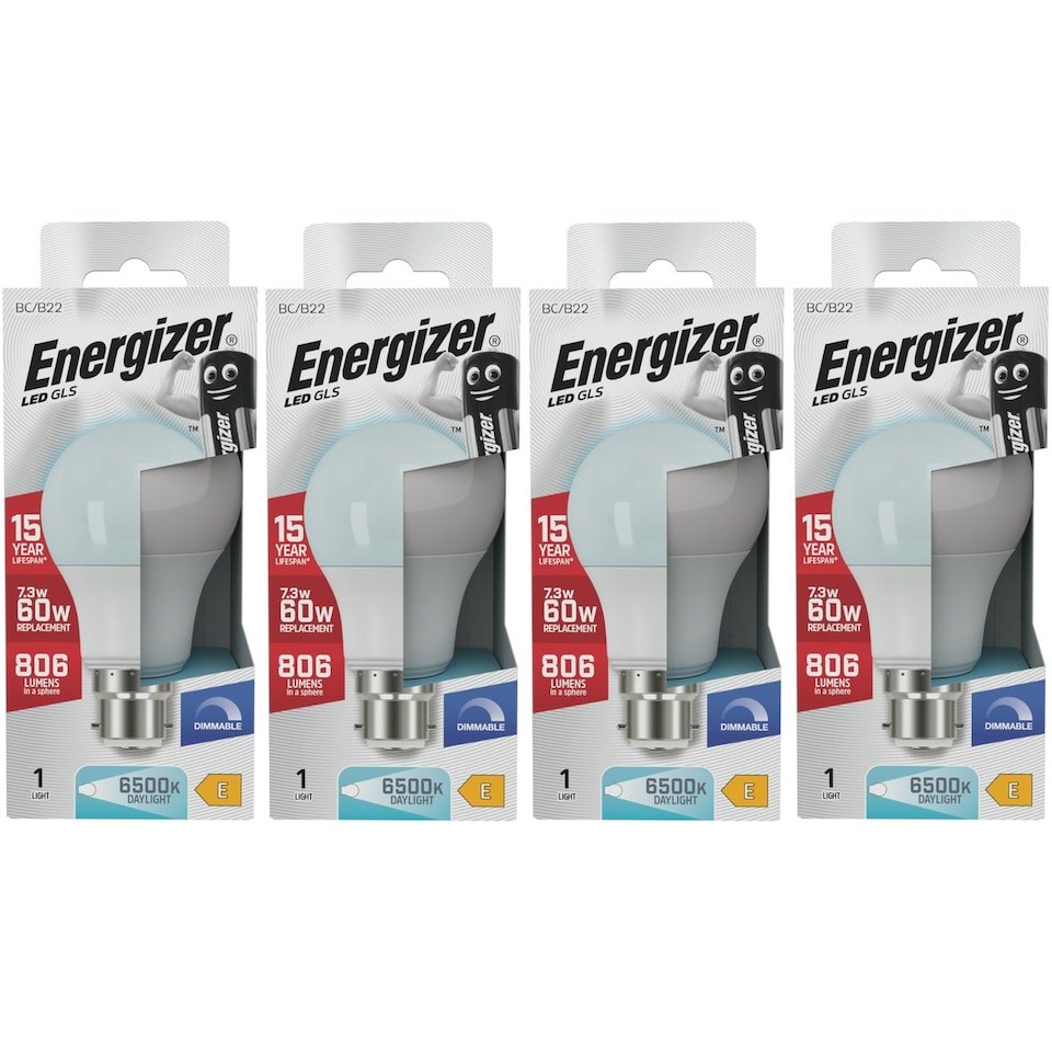 image 1 of Energizer LED GLS B22 806lm 7.3W 6500K (Daylight) Dimmable Light Bulb - Pack of 4