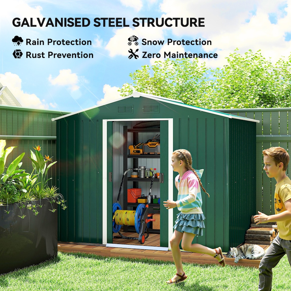 image 1 of Outsunny 7.7 x 5.7ft Metal Garden Shed with Ventilation Slots and Sliding Doors, Galvanised Outdoor Tool Storage House, Green