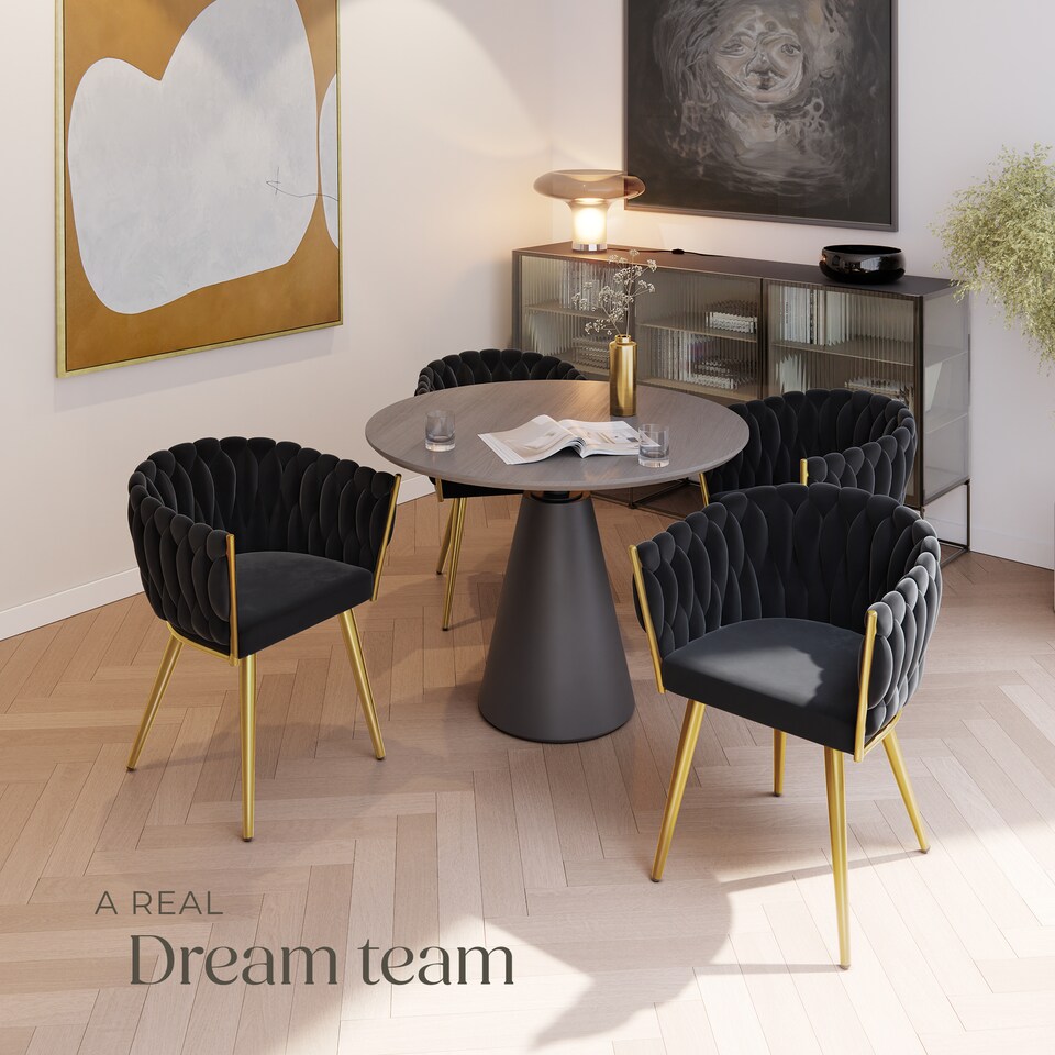 image 1 of Dining Chair Astano - padded, velvet, knot design, continuous backrest | Black | black/gold | 4