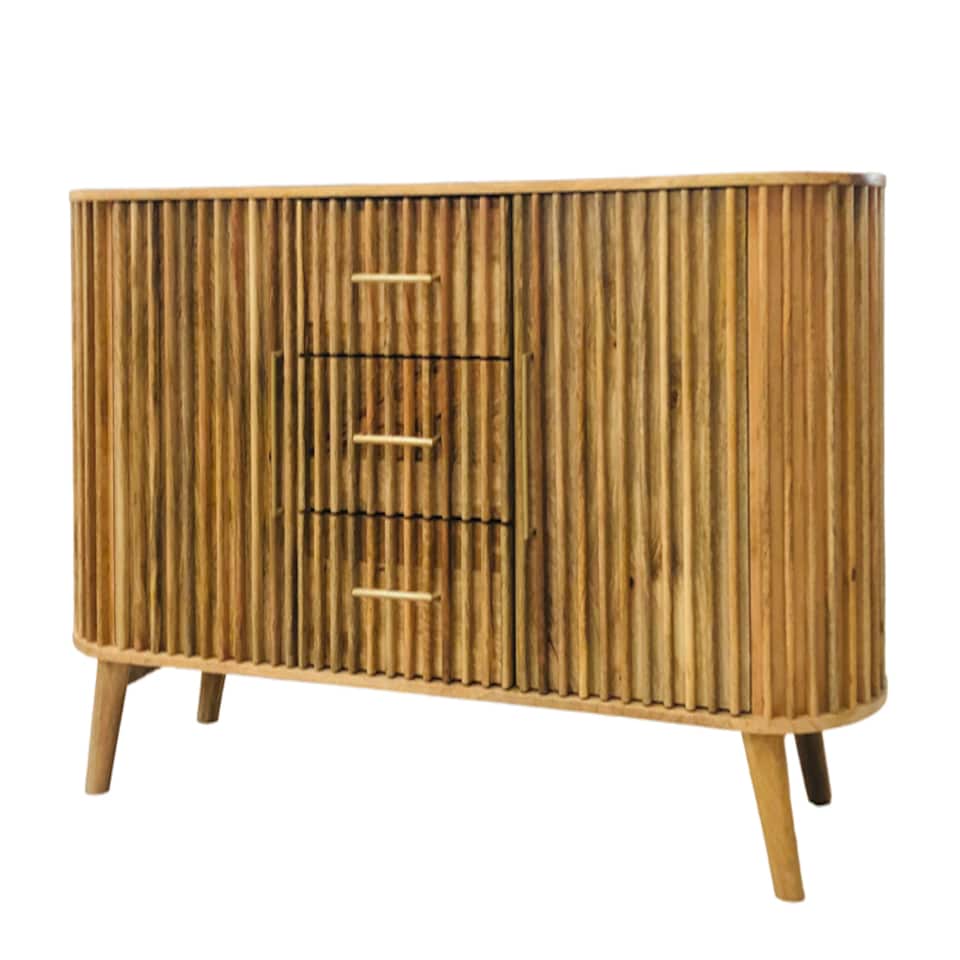 image 1 of Slated 2 Door 3 Drawer Sideboard - Mango Wood - L45 x W164 x H80 cm - Light Finish - Assembly Required | Brown