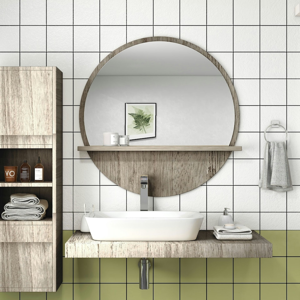 image 1 of kleankin Round Mirror for Wall Makeup Mirror with Shelf Grey Wood Effect