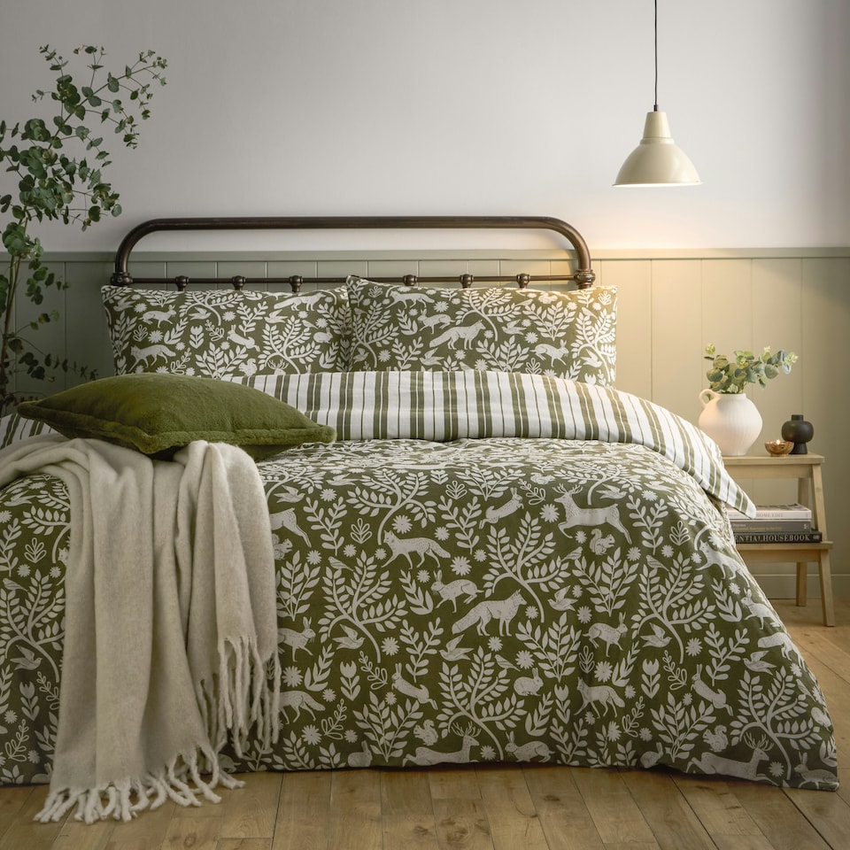 image 1 of furn. Skandi Woodland Brushed Cotton Duvet Cover Set | Green | Double