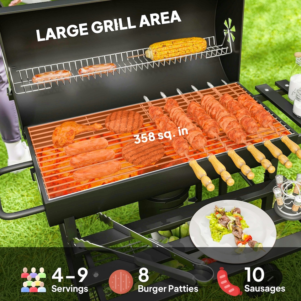 image 1 of Outsunny Charcoal BBQ Grill with Warming Rack Shelves Temperature Gauge
