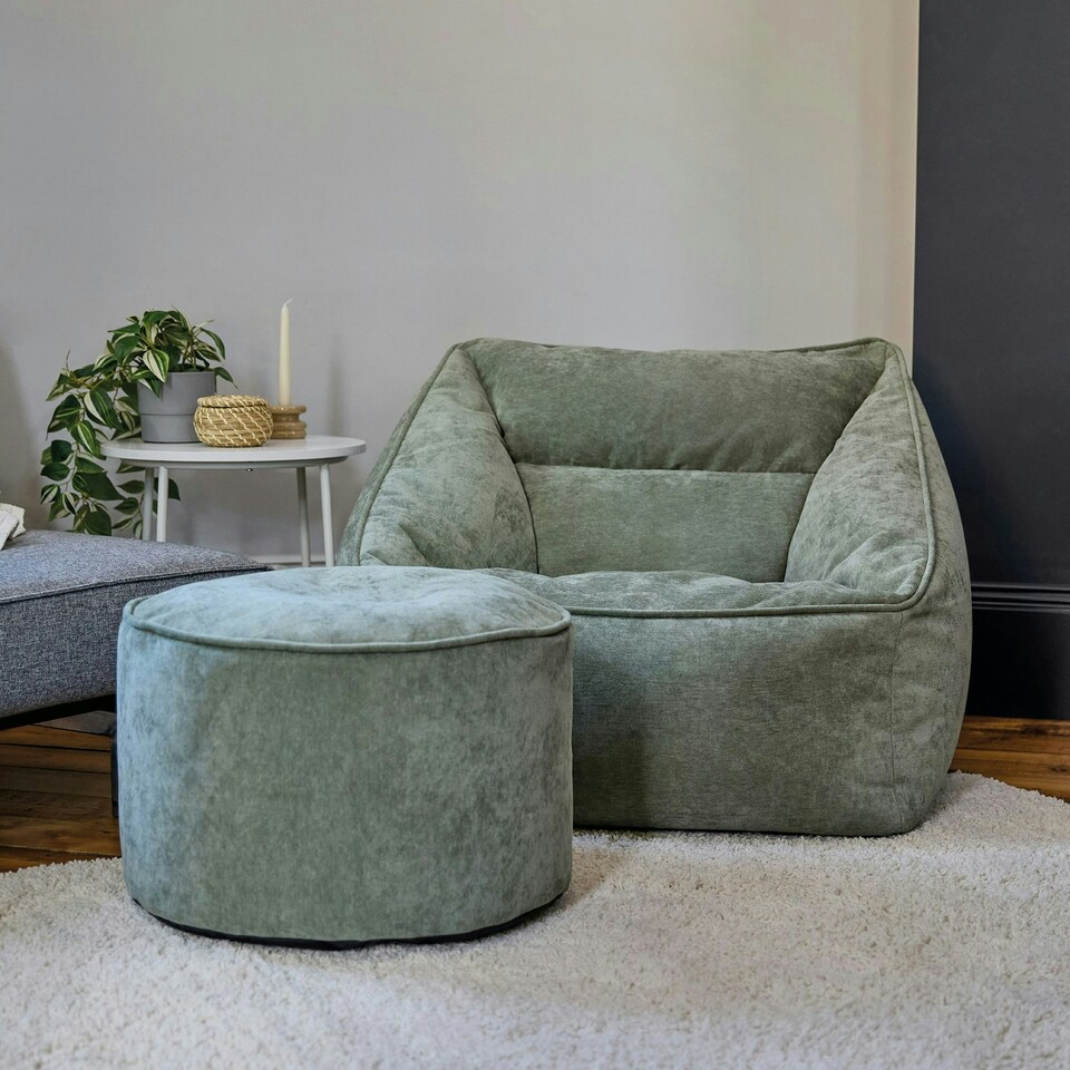 image 1 of icon Natalia Chenille Adults Bean Bag Armchair and Pouffe, Ready Filled Large Beanbag and Footstool Sage Green Green | Green