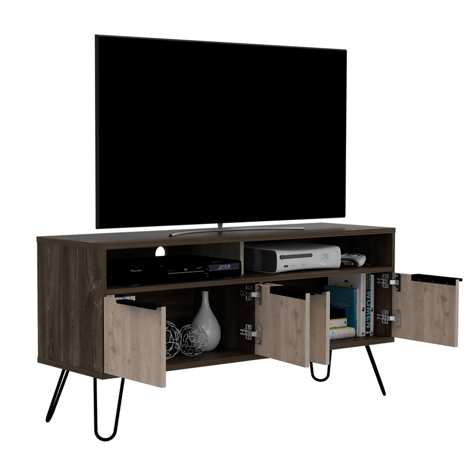 image 1 of Nevada Smoked Oak Wide 4-Door TV Unit - Modern Media Cabinet with Storage, Shelves, and Hairpin Legs | Brown | Brown | 1